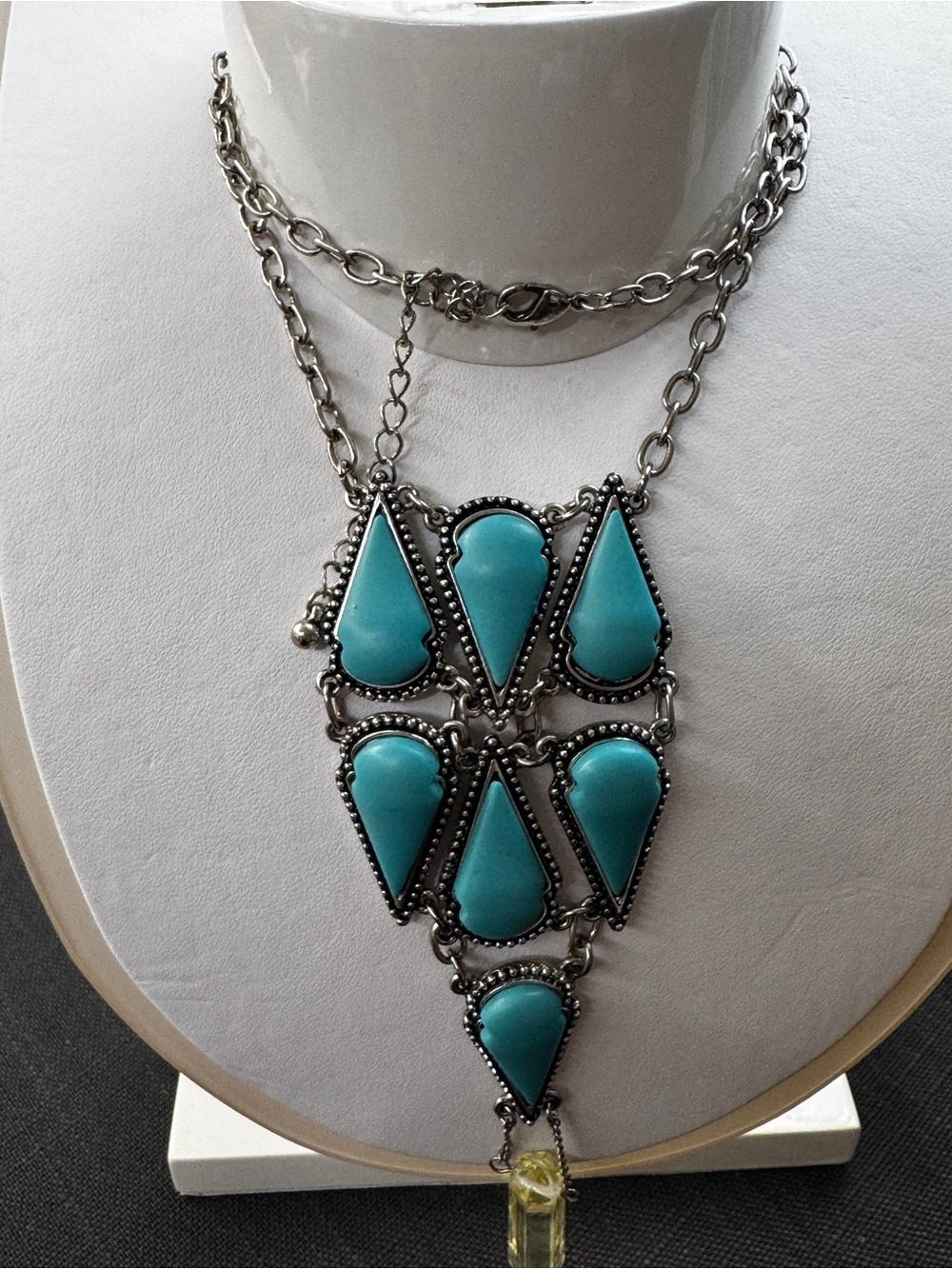 Turquoise Teardrop Statement Necklace - Silver Tone